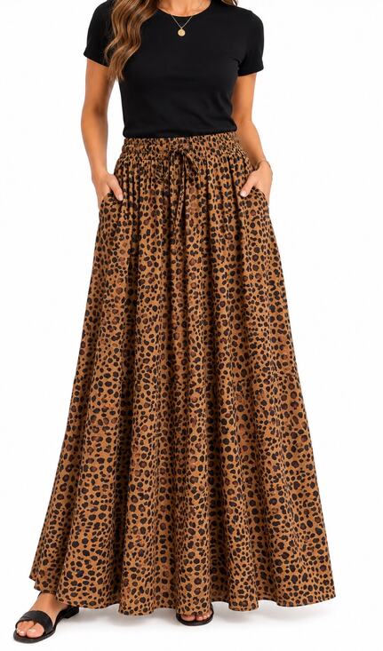 Bluetime Dresses & Skirts - Bluetime Women’s Leopard Cheetah Print Brown Black Elastic Waste Maxi Skirt L